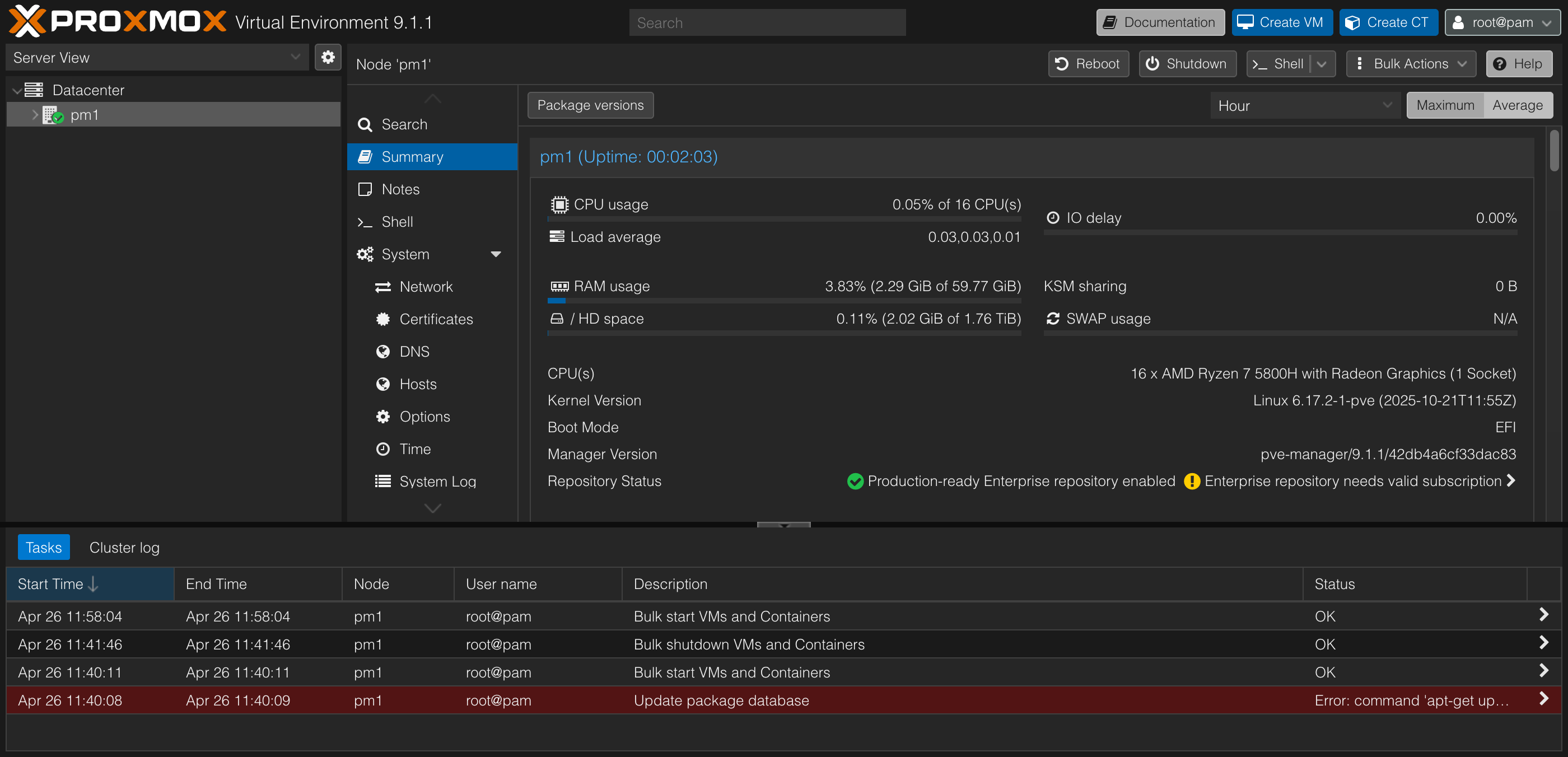 My pm1 Proxmox VE 9.1.1 node summary, before ProxMenux